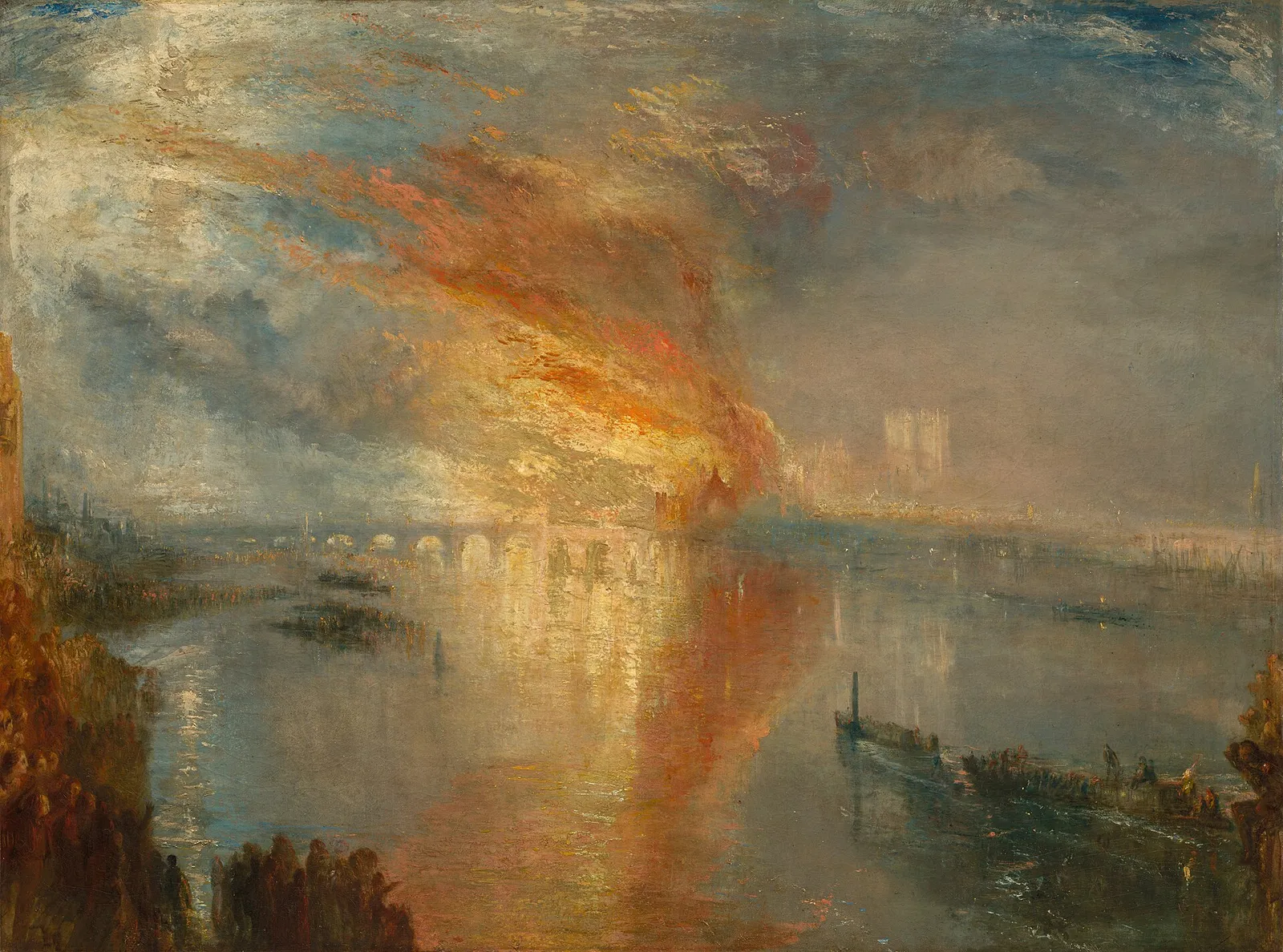 Uma pintura: um incêndio noturno sobre o rio, um enorme clarão laranja, multidões na margem e nos barcos.