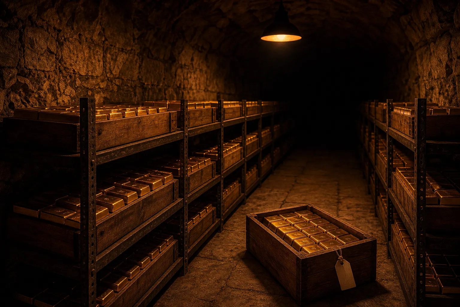 Um cofre no subsolo: barras de ouro empilhadas em caixotes de madeira abertos, uma etiqueta de papel em branco amarrada a um deles.