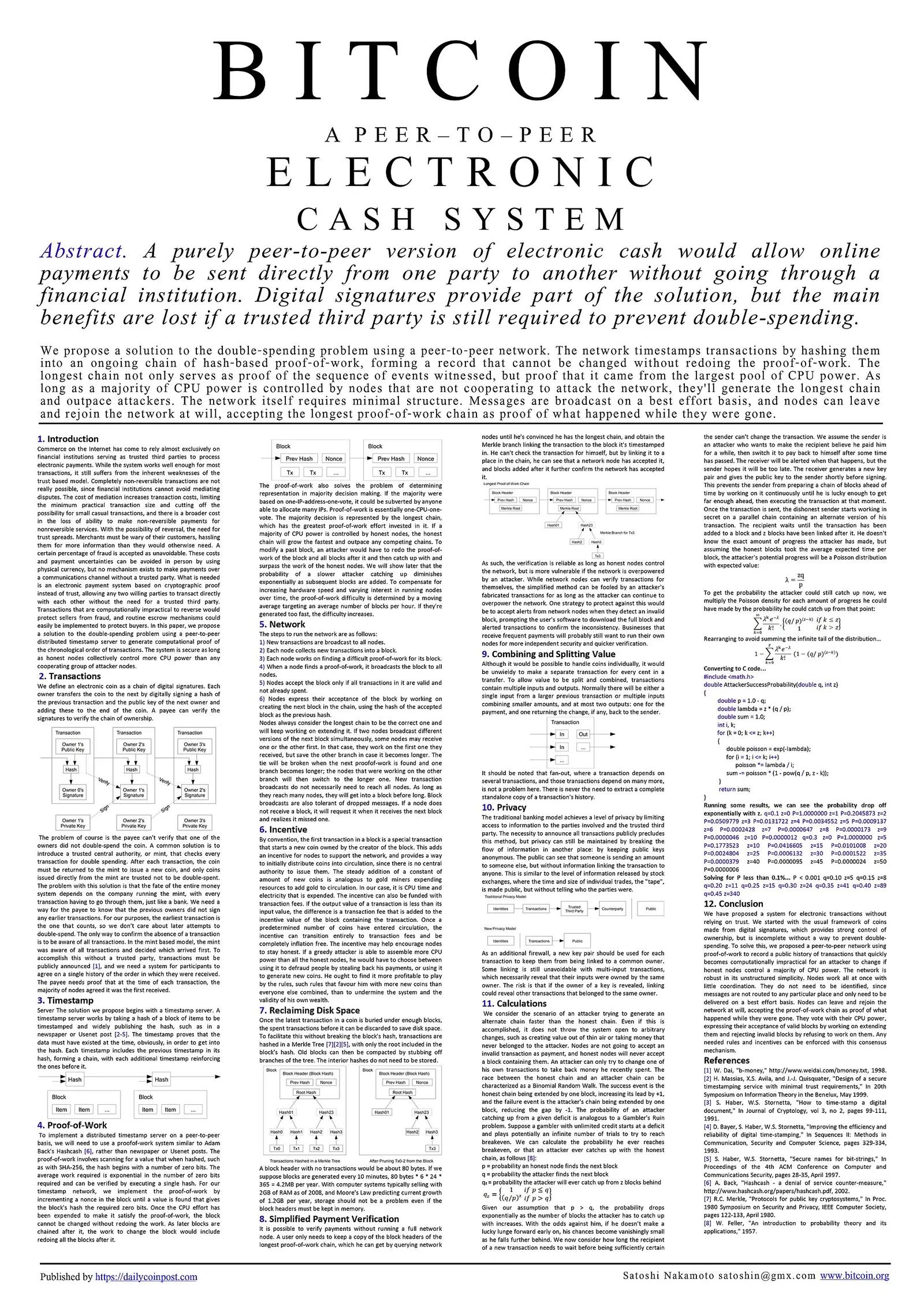 La primera página de «Bitcoin: A Peer-to-Peer Electronic Cash System», con el resumen y el comienzo de la introducción.