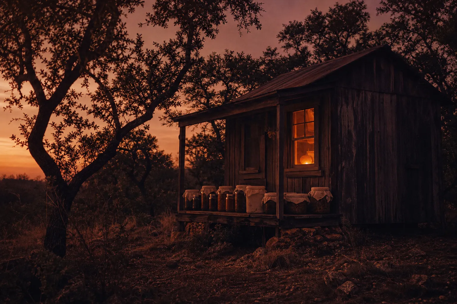 Una pequeña cabaña de madera entre robles bajos al atardecer, una ventana encendida, frascos tapados con tela y cajas de plástico en el porche.