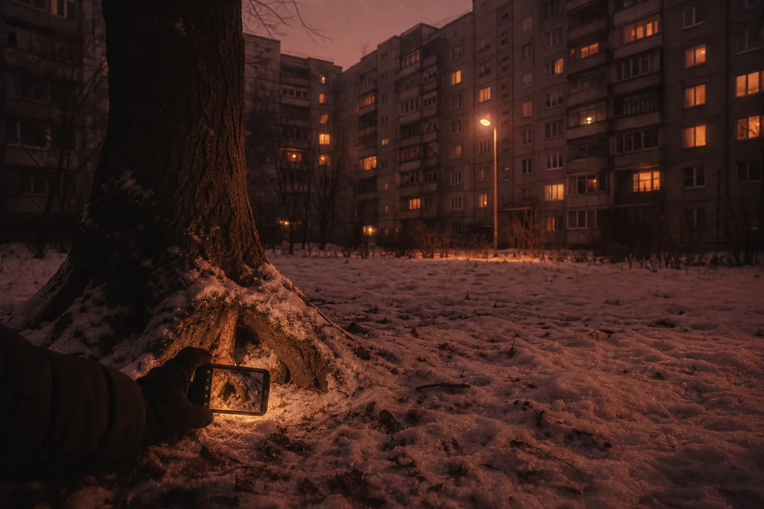 Un patio invernal entre bloques de hormigón al atardecer. Una mano enguantada sostiene un móvil a ras de la nieve, junto a las raíces de un árbol desnudo.
