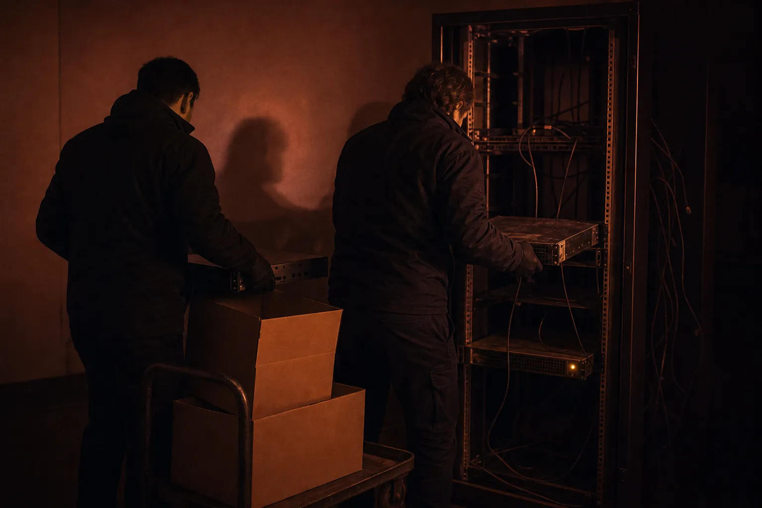 Una sala de servidores de noche: dos personas con chaqueta oscura, de espaldas, sacan servidores del rack y los apilan en cajas sobre un carrito.