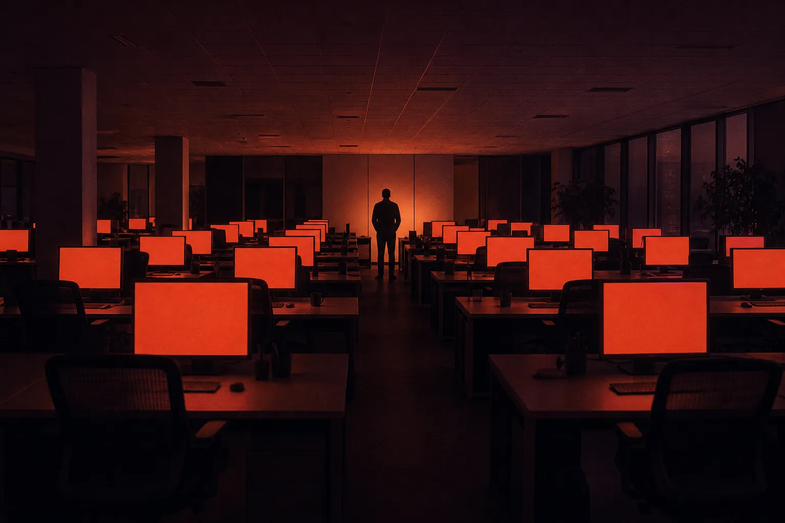 Una oficina a oscuras fuera de horario: filas de escritorios, todos los monitores con la misma pantalla roja lisa, una persona de espaldas al fondo.