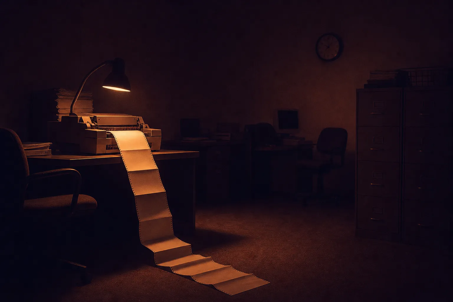 O back office de um banco à noite: uma luminária ilumina uma impressora que despejou no chão uma longa tira de papel dobrado, cadeiras vazias em volta.