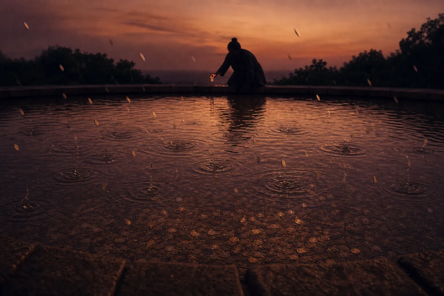 Una pileta ancha y quieta al atardecer: caen monedas idénticas desde todos lados, en el fondo hay un montón común, y en el borde opuesto alguien saca una sola moneda.