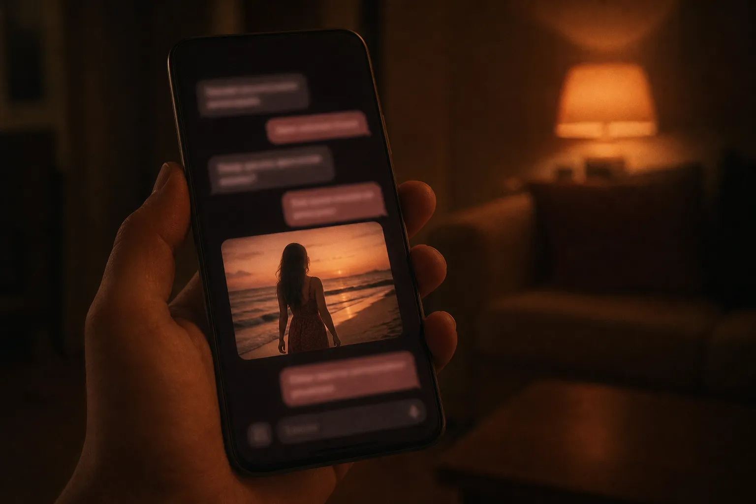 Una mano sostiene un teléfono en un cuarto oscuro; en la pantalla, un chat y la foto de una chica junto al mar al atardecer.