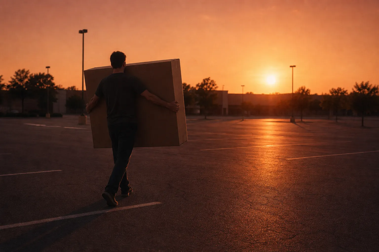 Un hombre de espaldas cruza un estacionamiento cargando la caja enorme de un televisor, con la larga sombra del atardecer delante.