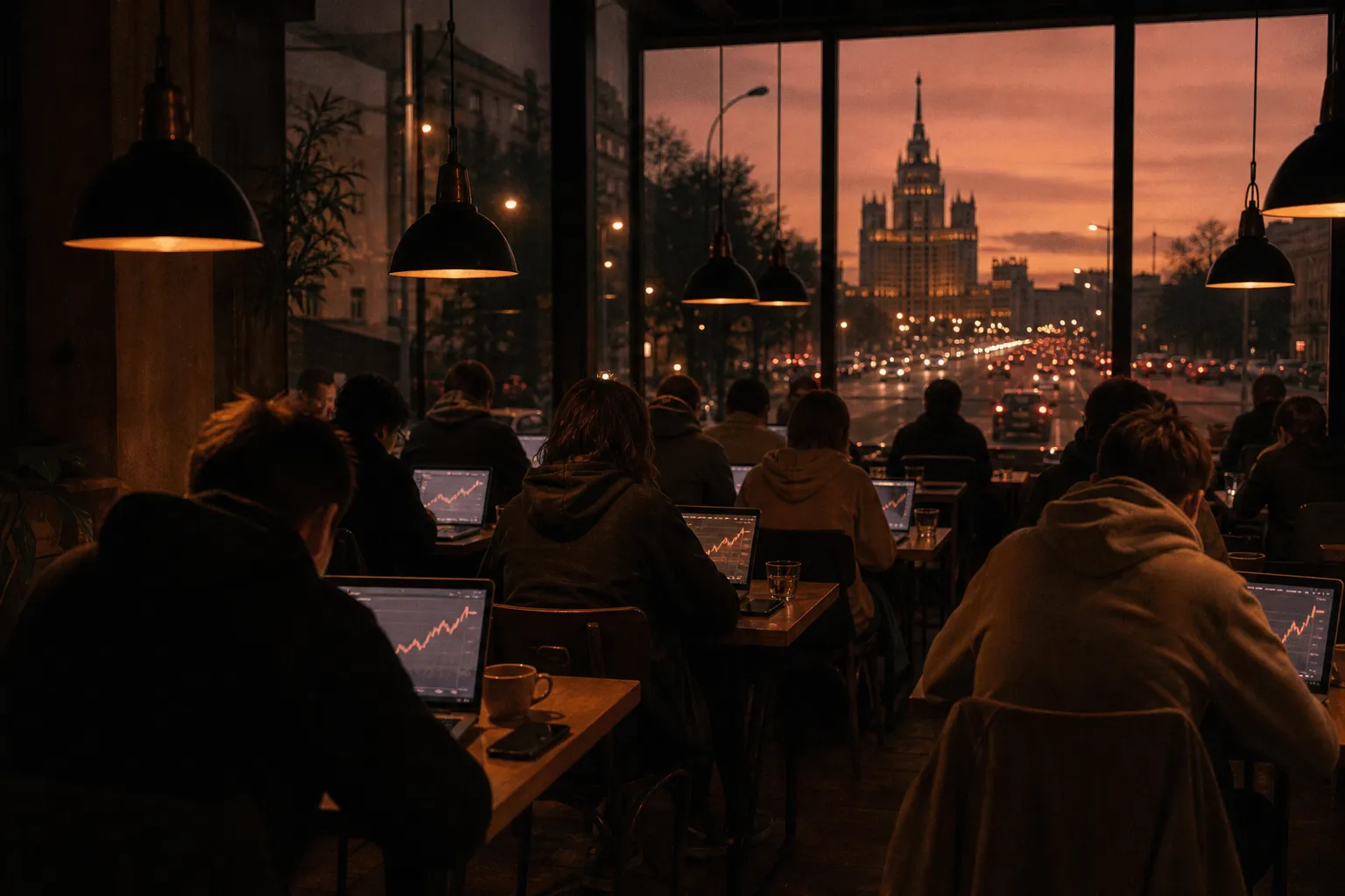 Uma noite de verão num café de Moscou: jovens de moletom debruçados sobre notebooks com gráficos, e a cidade lá fora.