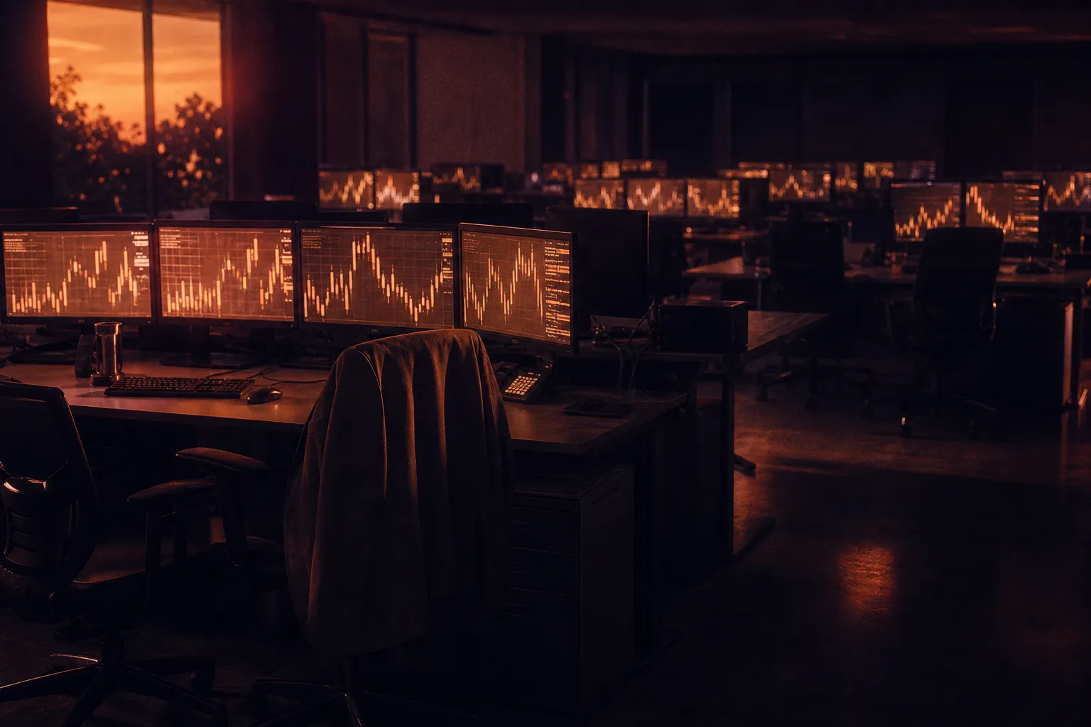 Uma sala de operações vazia à noite: fileiras de mesas e cadeiras, todos os monitores acesos com gráficos de barras, ninguém, um paletó numa cadeira.