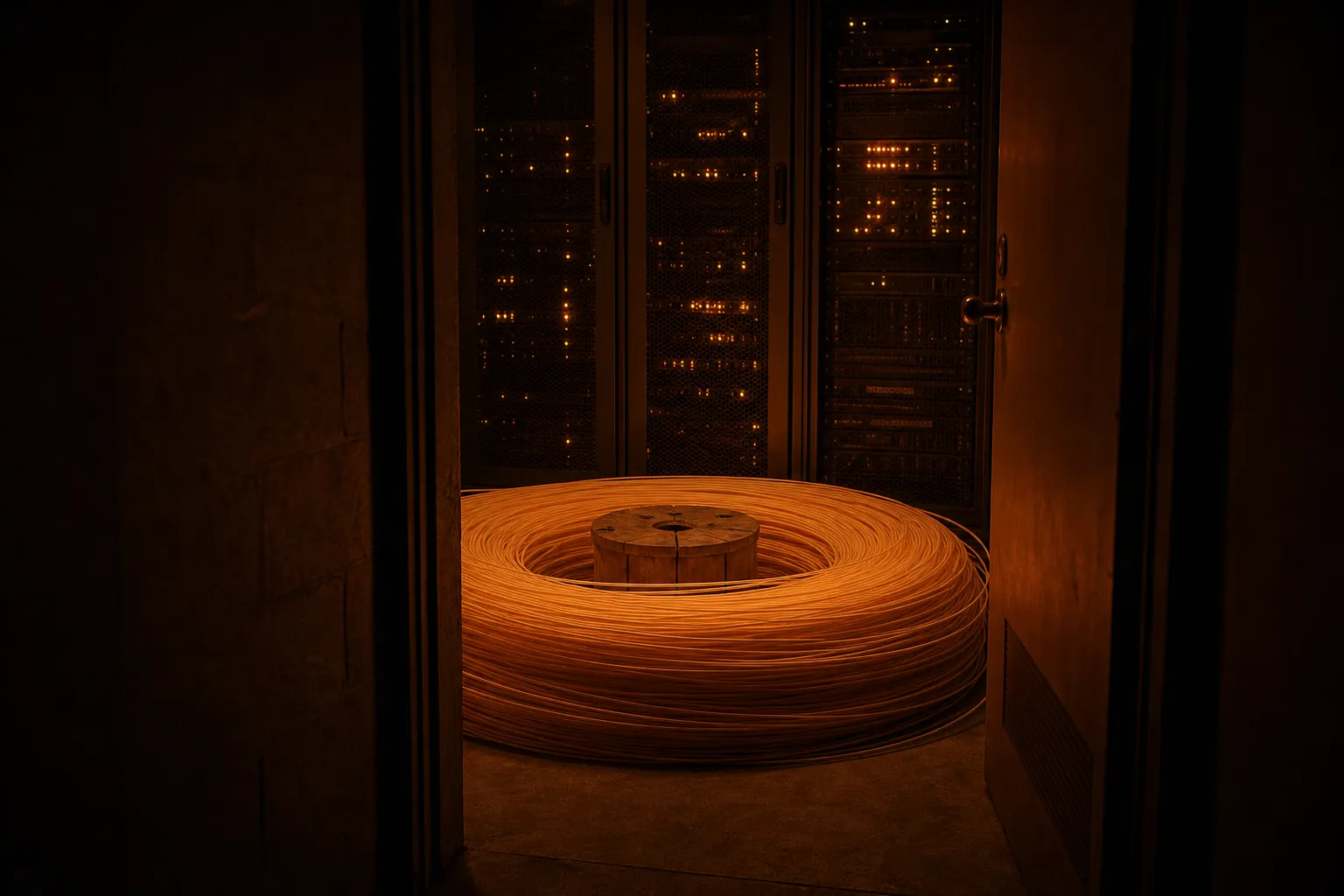 Uma sala de servidores: no chão, uma enorme bobina de cabo de fibra óptica fino enrolado em dezenas de voltas, com as luzes dos racks atrás.