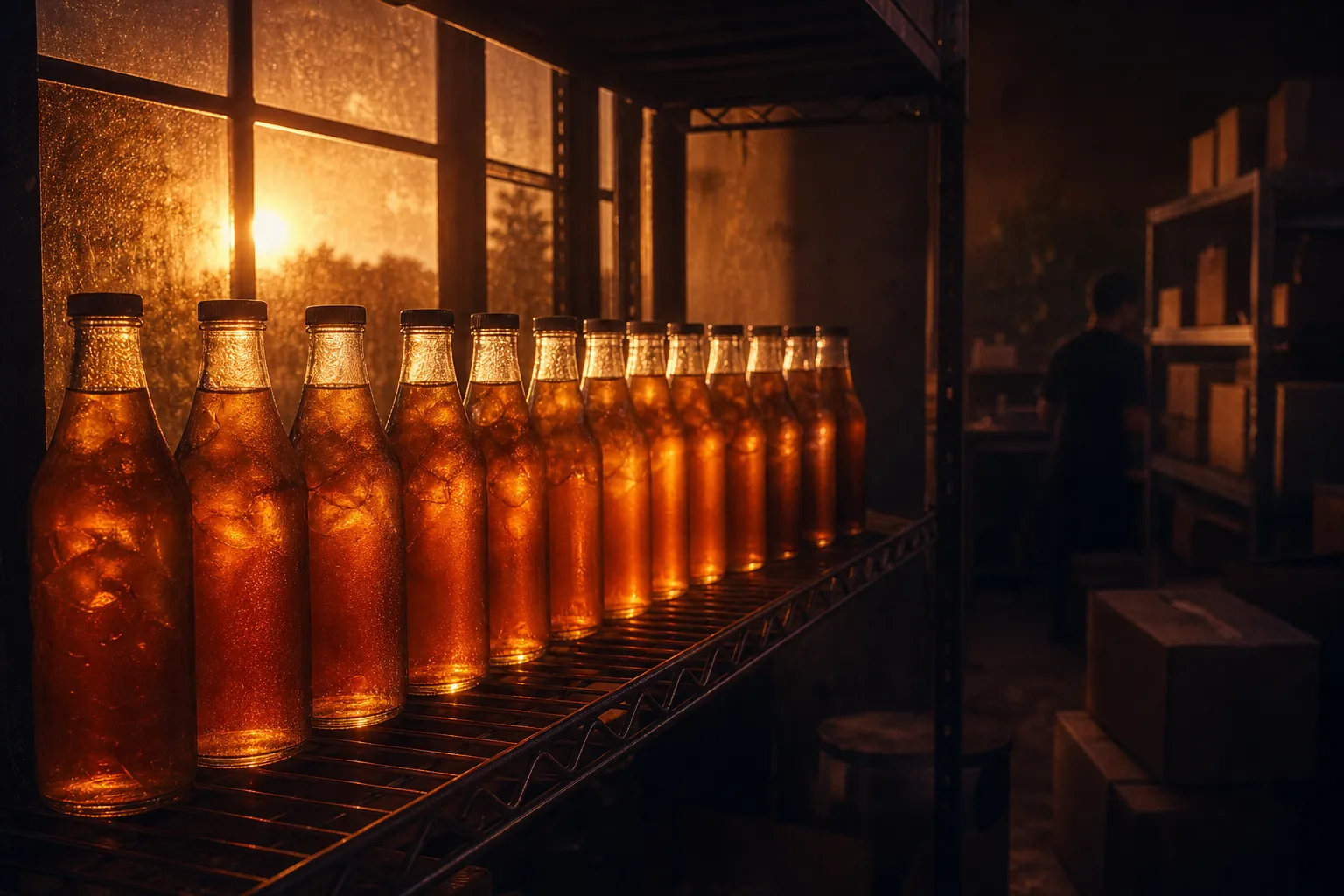 Una fila de botellas de vidrio de té helado sin etiqueta en un estante de almacén, con el sol bajo atravesando el té por una ventana polvorienta.