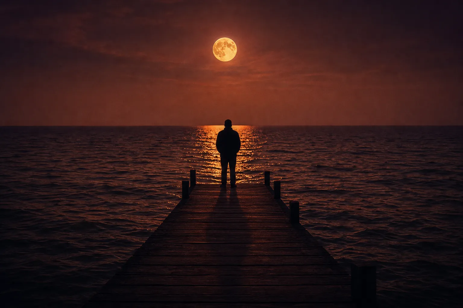Una luna llena sale sobre un mar oscuro, con el reflejo roto en pedazos por las olas; una persona está al final de un muelle.