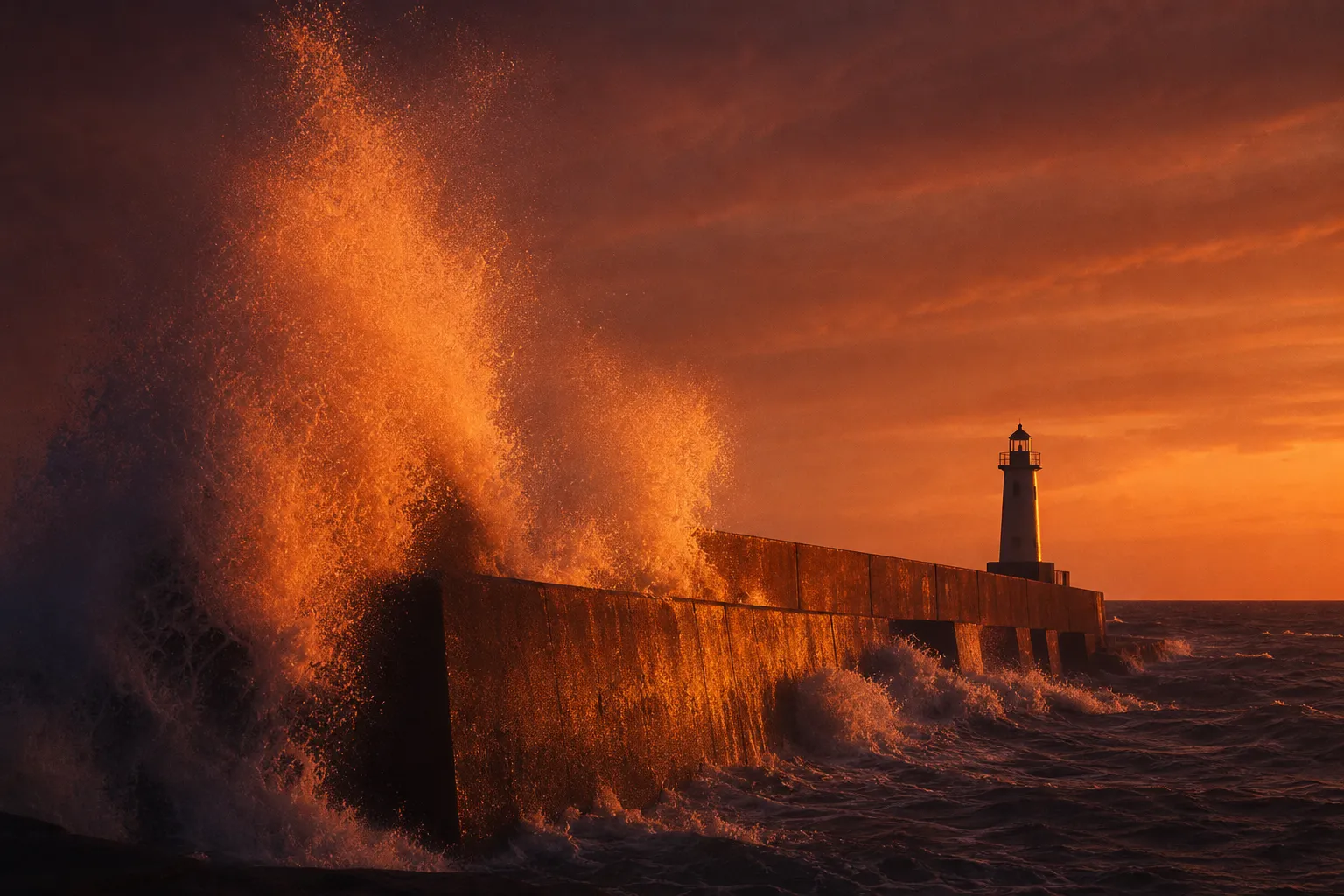 Olas fuertes rompen contra un rompeolas de hormigón al anochecer, con la espuma iluminada por el sol bajo y un pequeño faro al final.