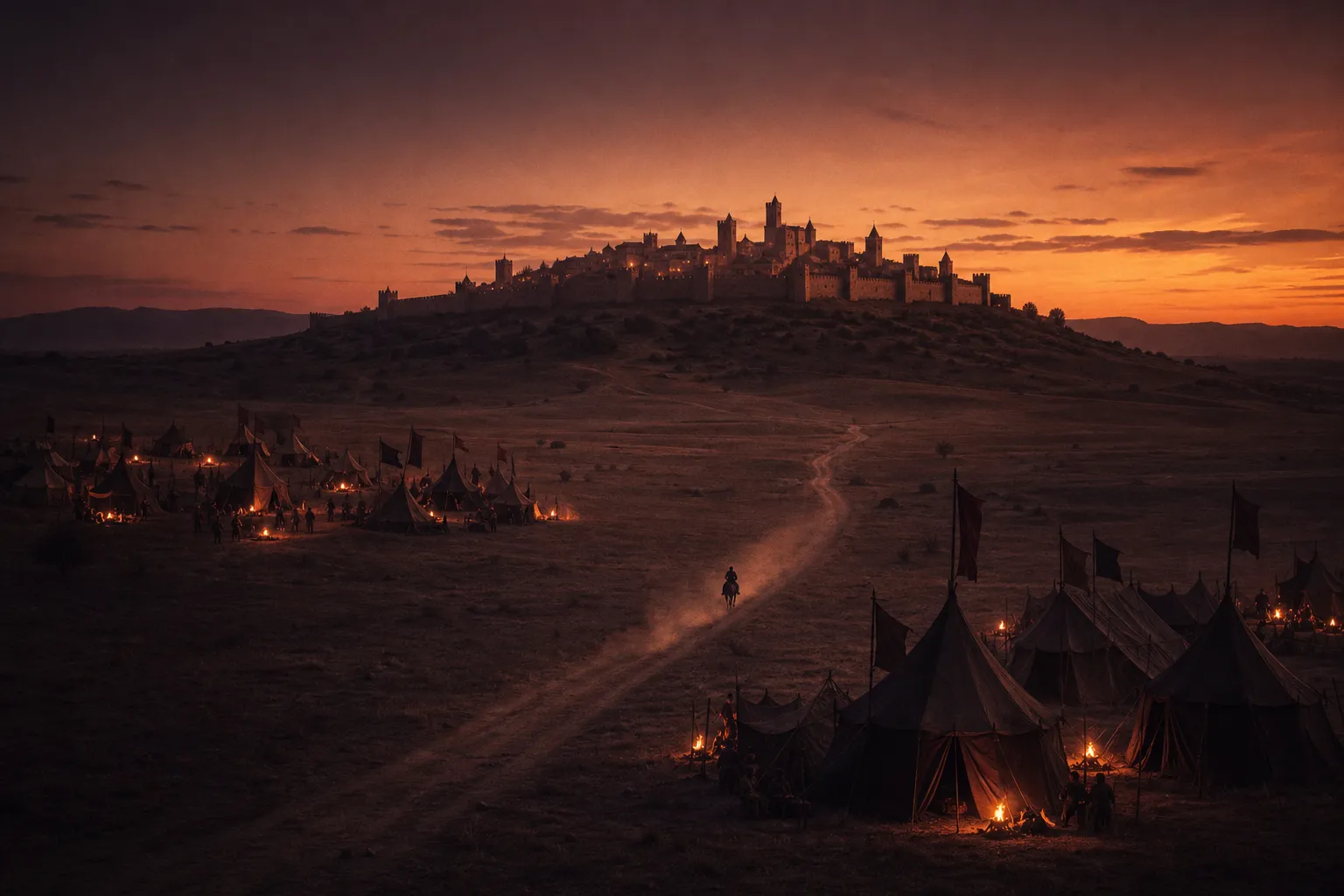 Dusk: a walled city on a hill surrounded by several army camps with fires, a lone messenger riding between them.