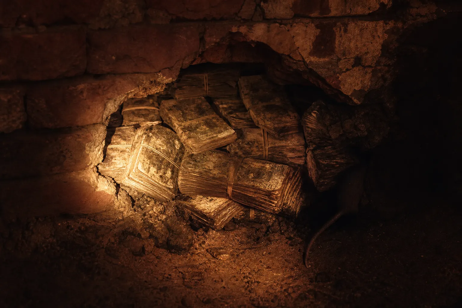 Un hueco en una vieja pared de ladrillo de un sótano, lleno de fajos de billetes sujetos con gomas, el papel manchado de humedad. El haz de una linterna.