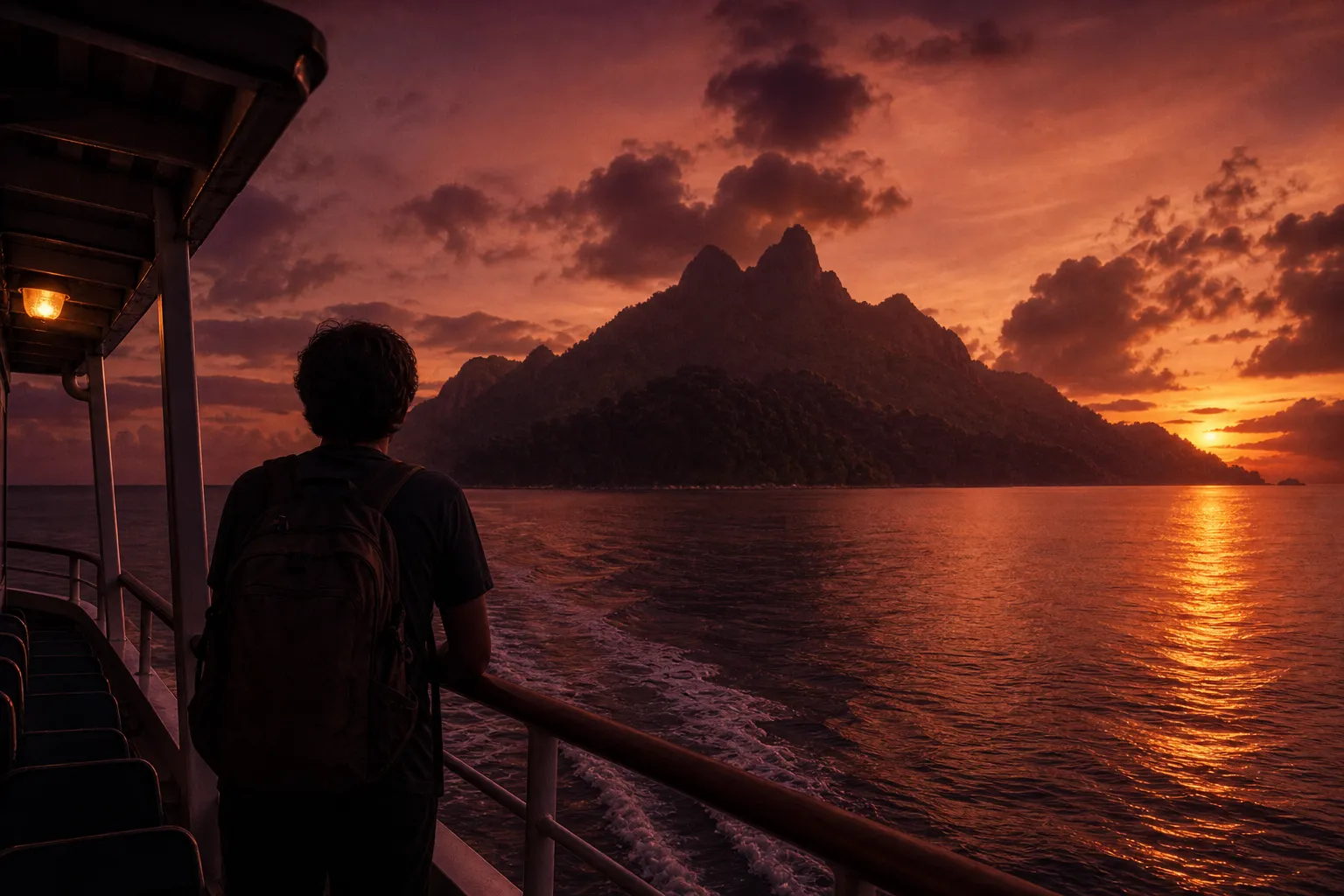 Un pequeño ferri cruza un mar en calma al atardecer hacia una isla montañosa cubierta de selva; en la popa, de espaldas, una persona con mochila.