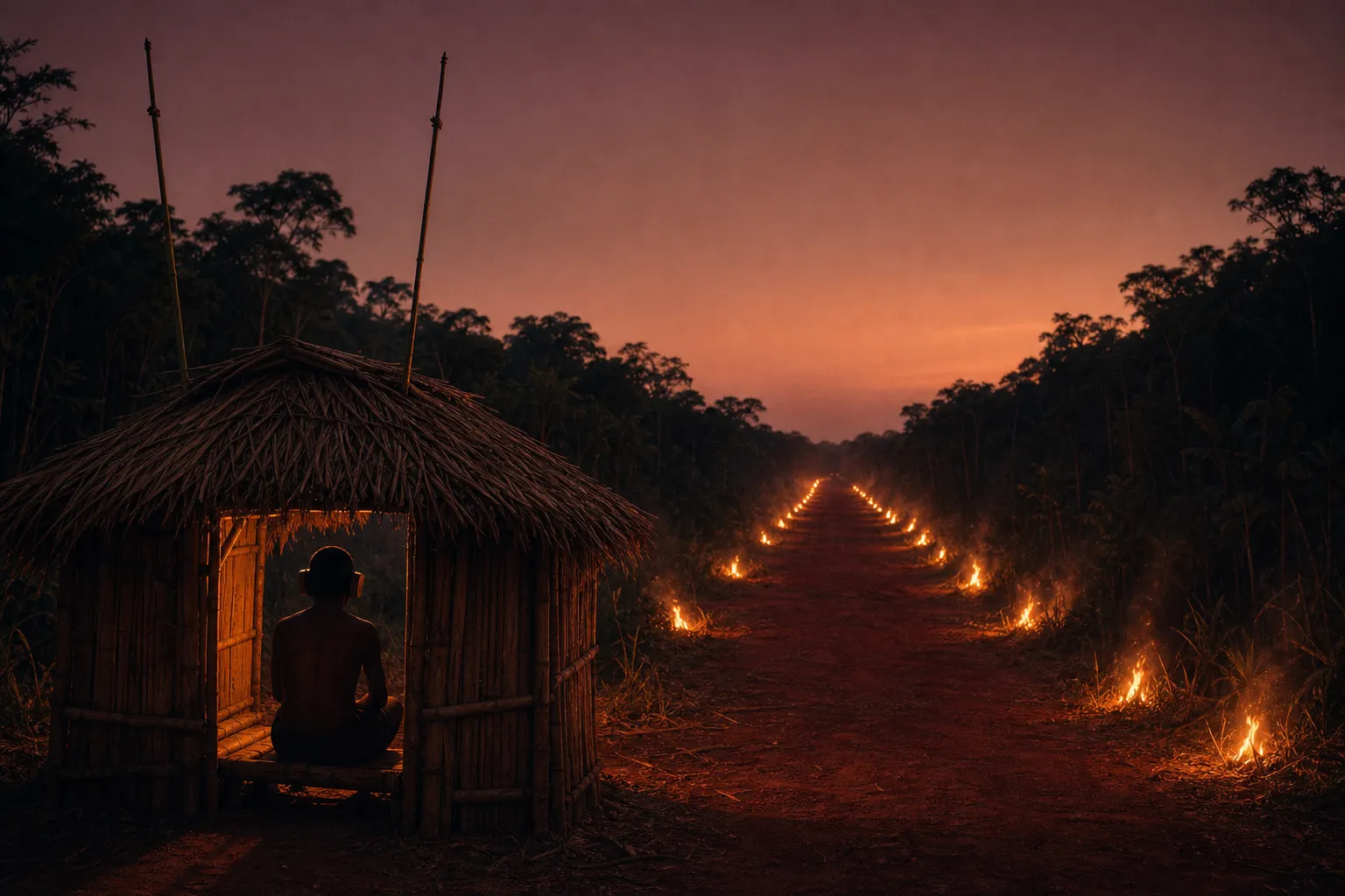 Uma faixa de terra vermelha aberta na selva, com pequenas fogueiras dos dois lados. Perto, uma cabana de bambu com duas varas no telhado; na porta, um homem de fones de madeira, de costas para nós.