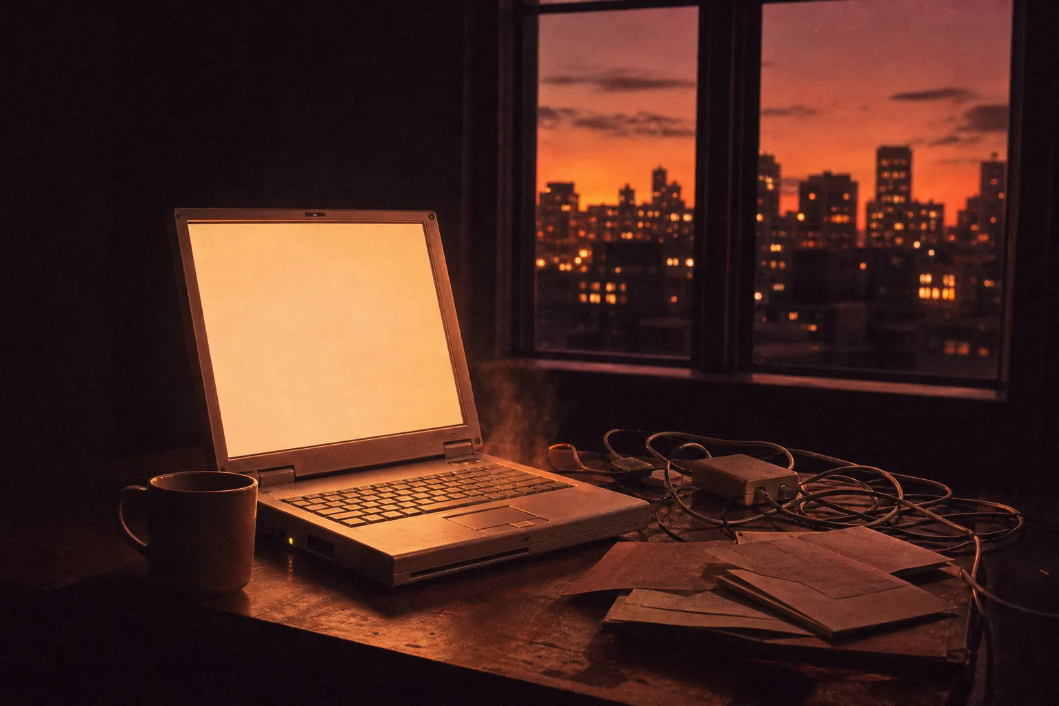 Um notebook de alumínio aberto numa mesa bagunçada, num quarto escuro, a tela acesa, uma caneca e fios embolados ao lado, a cidade ao entardecer na janela.