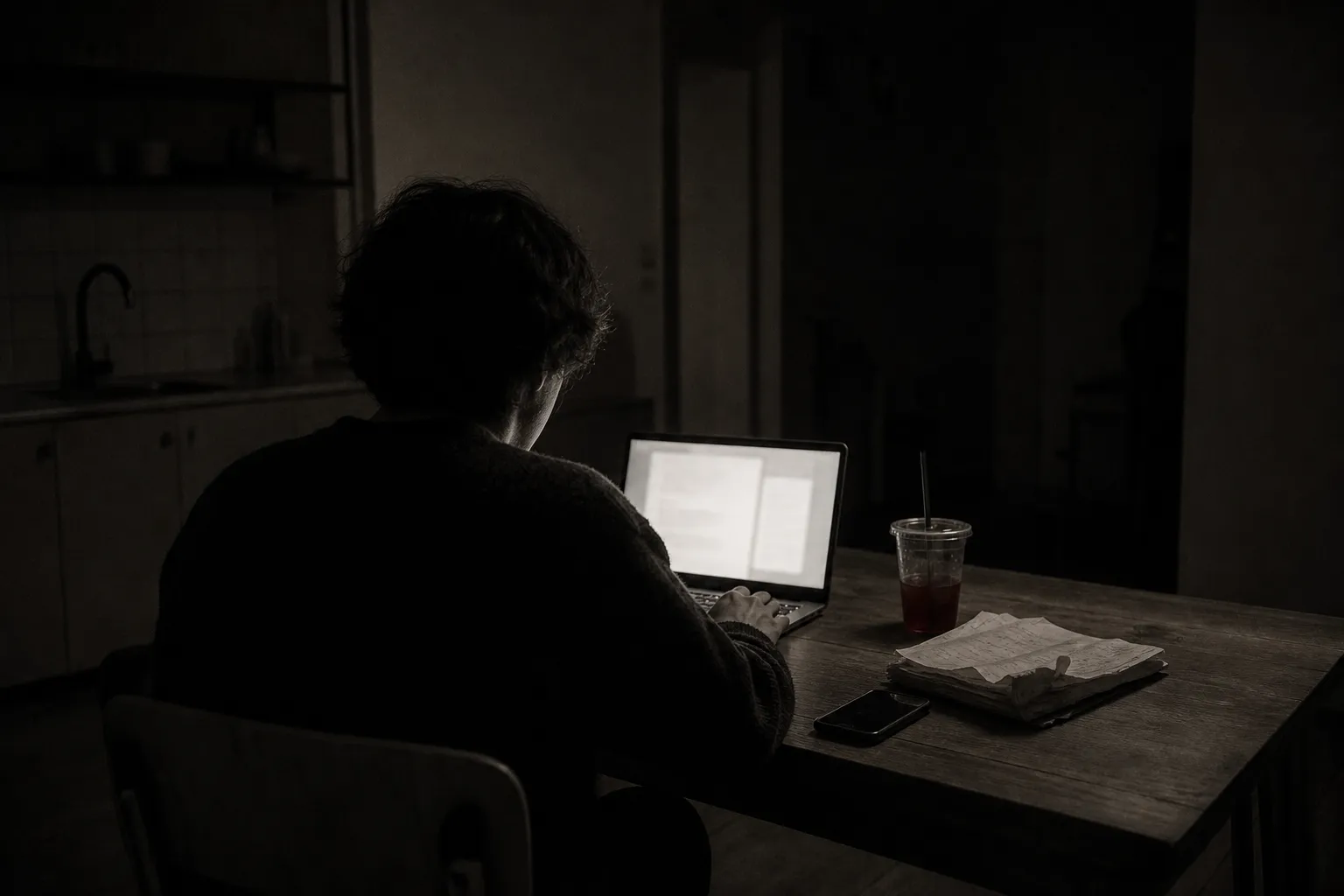 Noite numa cozinha: uma pessoa, de costas, diante de um portátil aberto, com chá frio e um caderno ao lado, a mão suspensa sobre o teclado.