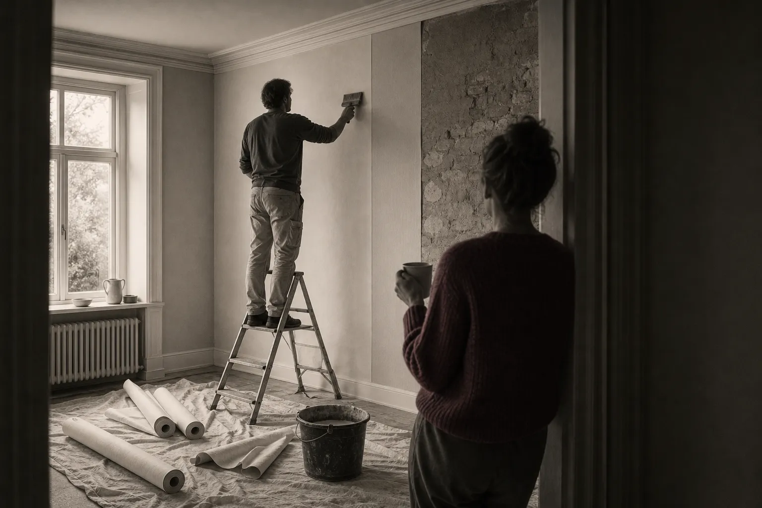 A room under renovation: a decorator on a stepladder smooths a strip of wallpaper while the owner, back to us, watches from the doorway with a mug.